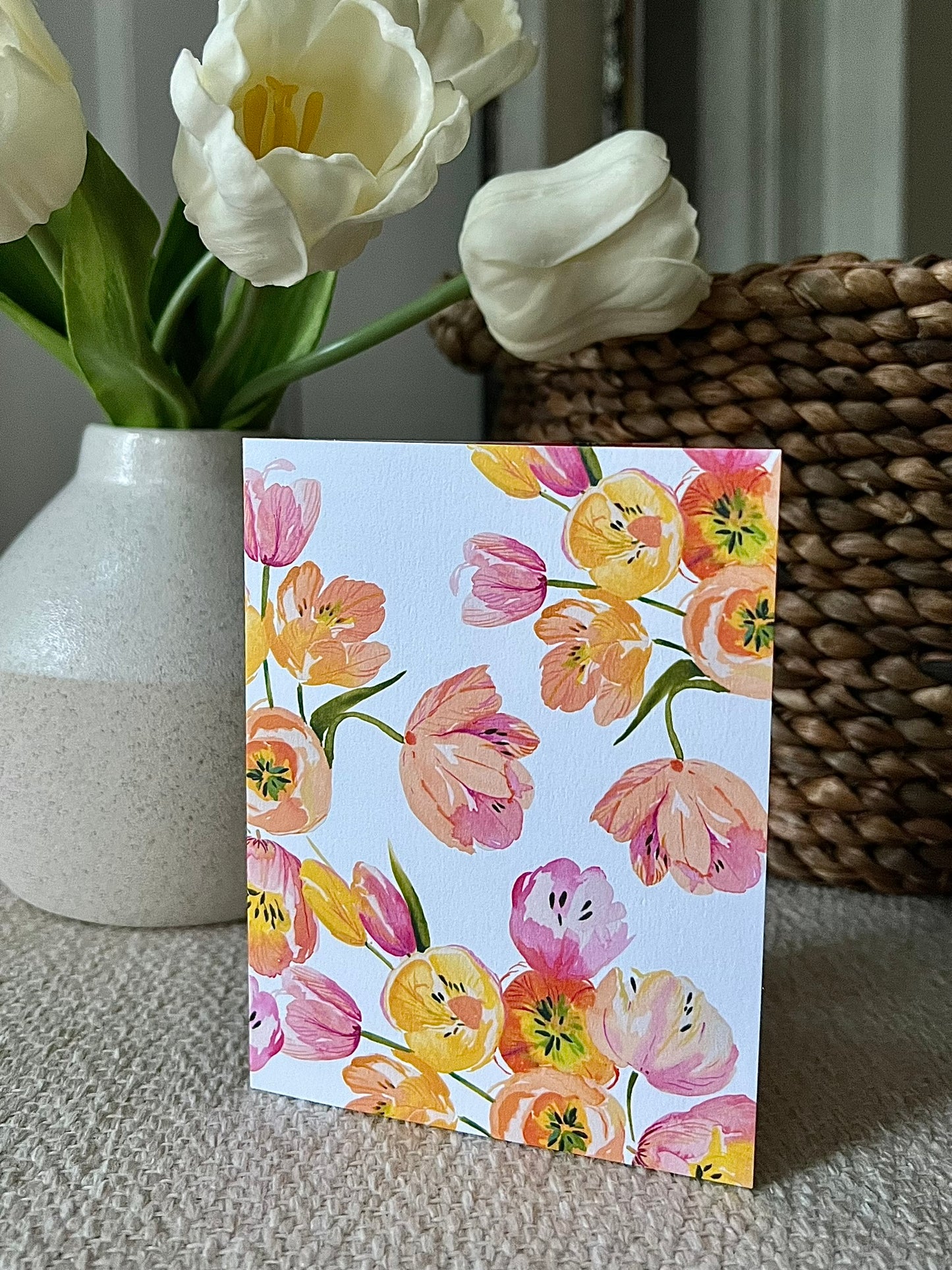 "Tulip Bunch on White" Greeting Card