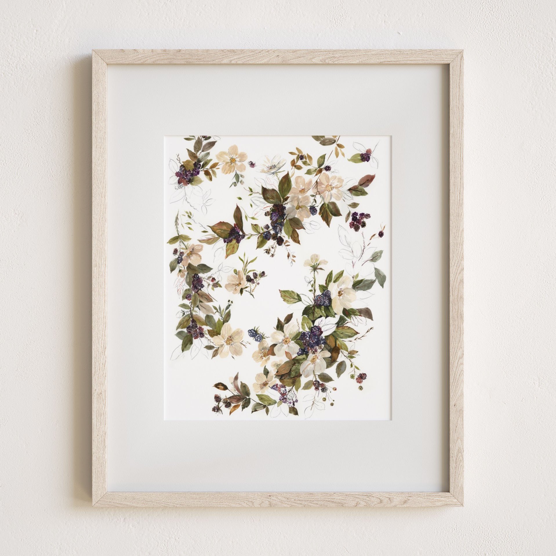 Blackberry blossoms art print,  8x10" framed with mat, landscape  view