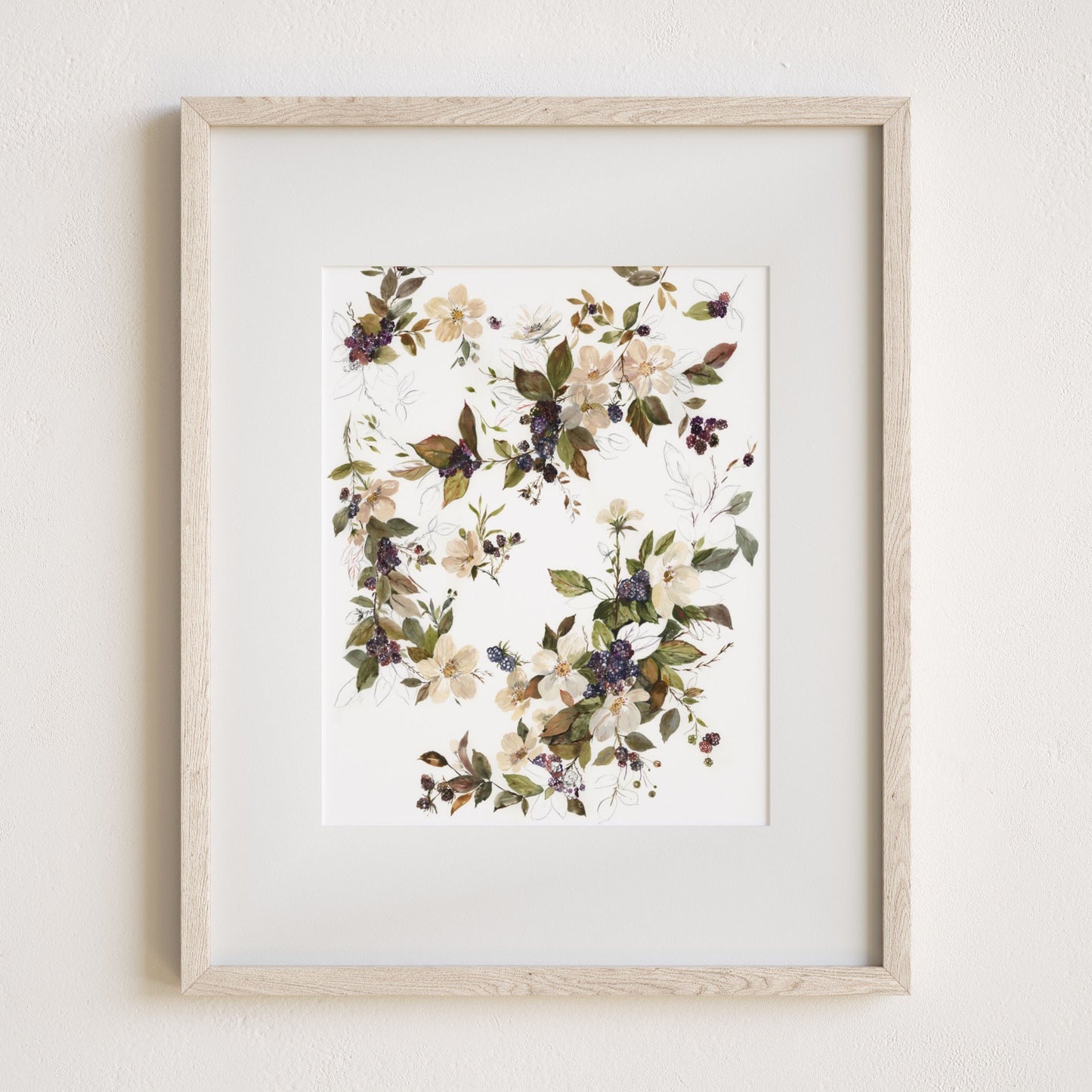 Blackberry blossoms art print,  8x10" framed with mat, portrait view