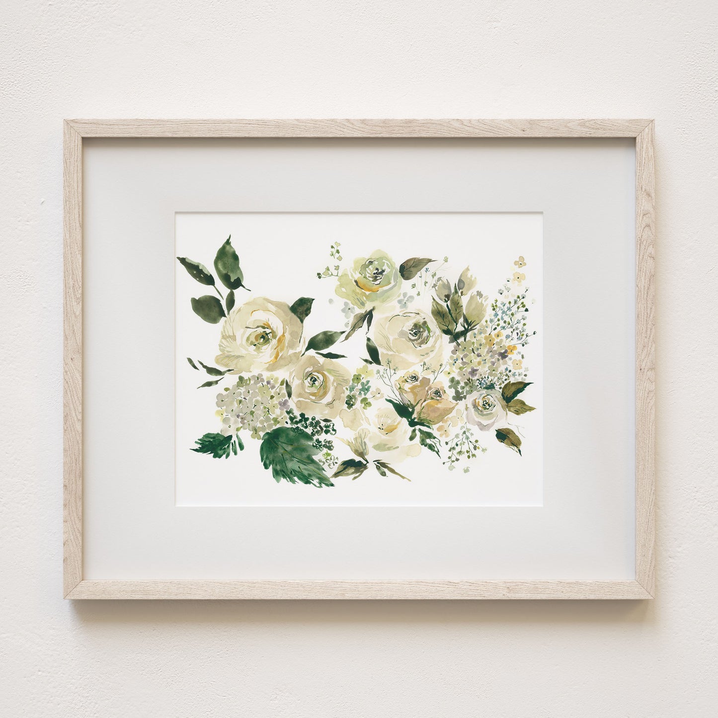 Jacob white roses art print, 8x10" with mat and frame