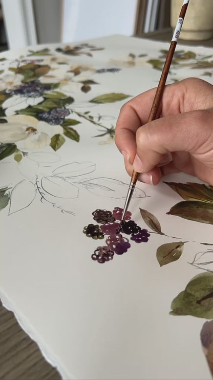 Blackberry blossoms art print,  painting process video reel