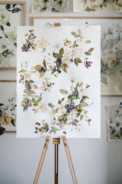 Blackberry blossoms original 22x30" painting displayed on easel